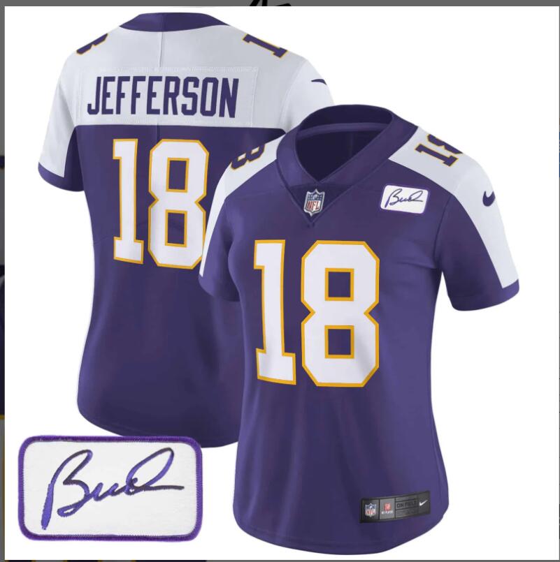 Women Minnesota Vikings #18 Jefferson Bud Grant Patch Classic Limited 2024 NFL Nike purple jerseys->women nfl jersey->Women Jersey